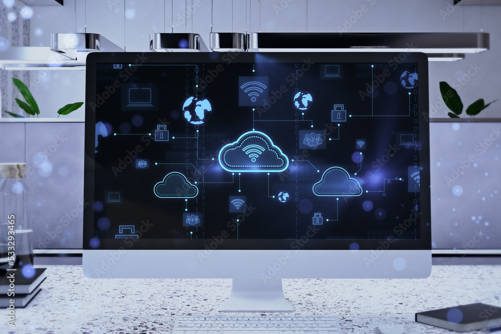 Aufkleber Close up of creative designer workplace with computer display and digital cloud computing hologram on blurry background. Cloud data and service concept. 3D Rendering.