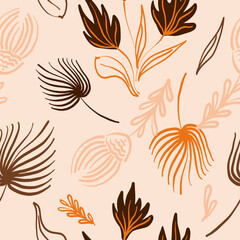 Abstract tropical leaves and florals seamless pattern. Boho autumn print for fabric, textile, exotic wallpaper, cover, wedding decoration. Vector repeat background in warm fall colors