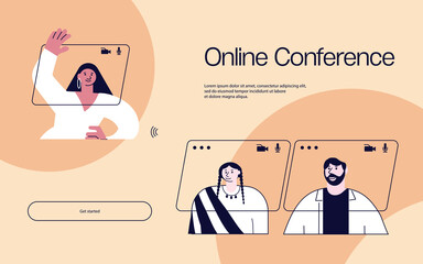Landing web page template of virtual conference on video call