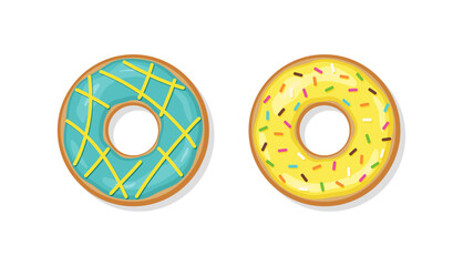 Fototapeta premium Donuts with glossy icing. Two sweet glazed doughnuts. Confectionery dessert. Top view of birthday pastry isolated on white background. Flat cartoon design. Vector illustration.