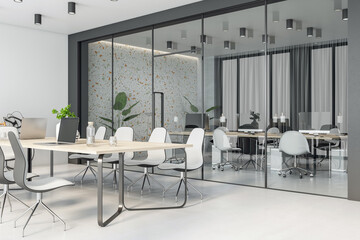 Perspective view on stylish wooden meeting table surrounded by white chairs in spacious conference room with glass partitions, white wall and light glossy floor. 3D rendering