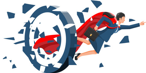 Super businesswoman running and breaking target. © absent84