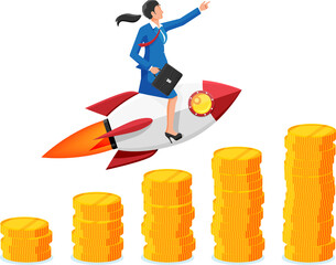 Successful businesswoman flying on rocket on graph