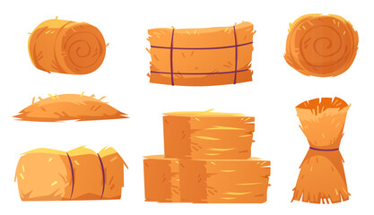 Hay bales, stacks, rolls and piles. Haystacks, dry grass bundles, wheat or rye fodder thatch from farm fields, meadows and pastures isolated on white background, vector cartoon set © klyaksun