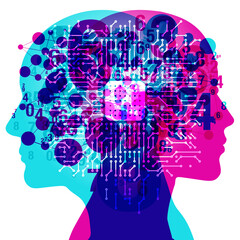 A Male and Female side silhouette profile overlaid with various blending numbers and circular shapes. Centred is a semi glowing computer CPU and circuit board.