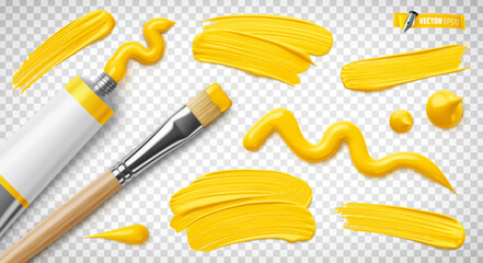 Vector realistic illustration of a yellow paint tube, paintbrush and brush strokes on a transparent background. - obrazy, fototapety, plakaty
