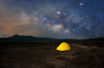 Yellow tent under Milky Way Galaxy Lampang Thailand, Universe galaxy milky way time lapse, dark...