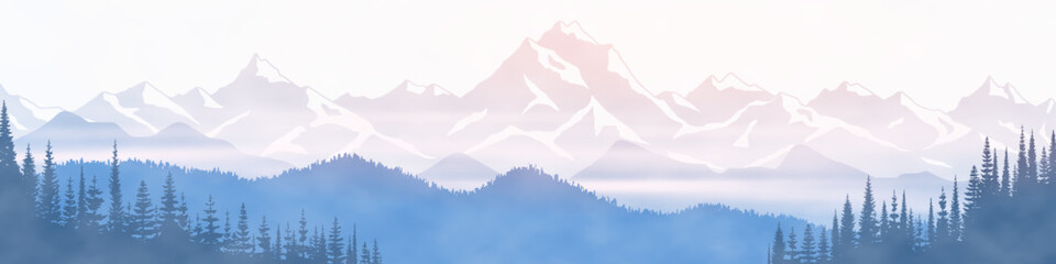 Fototapeta premium Sunrise in the mountains, ridge in the morning haze, panoramic view
