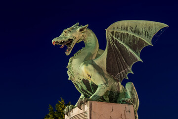 Dragon Statue At Night In Ljubljana, Slovenia