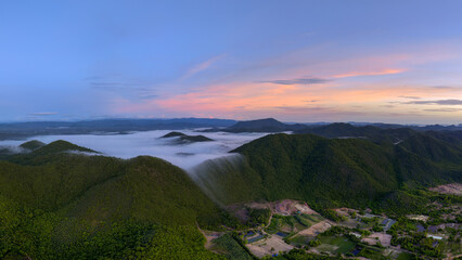 Forest fog. Aerial view Forest sea of fog in the morning sunrise. Nong Ya Plong, Phetchaburi, THailand.