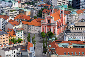 Fototapeta na wymiar Preseren Square In Ljubljana City From Above In Slovenia