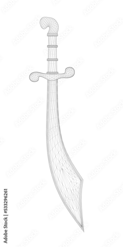 Poster wireframe of an ancient sword from black lines isolated on a white background. pirate sword. front v