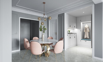 Modern classic dining and kitchen interior with dining table and chairs.3D illustration
