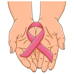 Breast cancer awareness month concept. Female hands cupped, holding pink ribbon. Support or proud survivor concept.