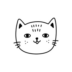 Cute cat face isolated on white background. Smiling kitten. Vector hand-drawn illustration in doodle style. Perfect for decorations, cards, logo, various designs. Simple cartoon character.