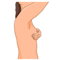 Woman performing monthly self exam for breast cancer, side view.