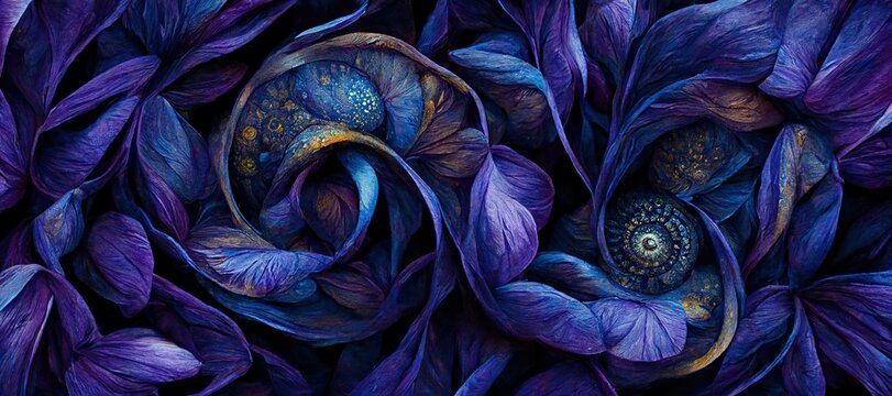 Abstract pansy flowers, vibrant saturated midnight blue and violet purple with rich golden yellow pastel color swirls and layered spirals. Trendy modern art illustration background decoration design.