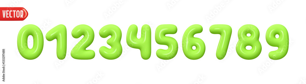 Aufkleber green numbers from 0 to 9. collection of voluminous inflated color numbers from balloon. set of brig