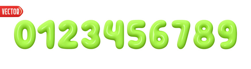 Green numbers from 0 to 9. Collection of voluminous inflated color numbers from balloon. Set of bright bubble spherical numbering figures. Elements in cartoon style. vector illustration