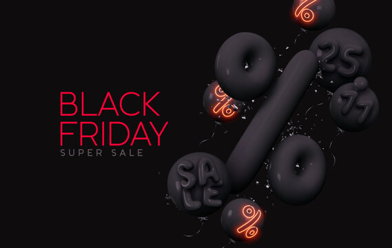 Black Friday super sale. Realistic 3d Percent sign design. Promo banner, web poster. Background with percentage discounts. figures on balloons, November 25.11 Sale. Vector illustration