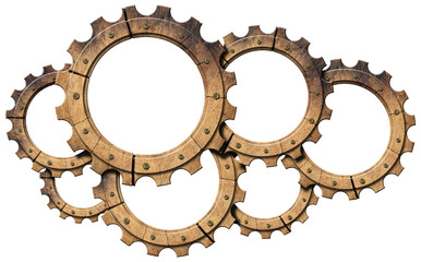 Group of empty wooden gears (cogwheels) isolated on transparent background, 3D illustration and...