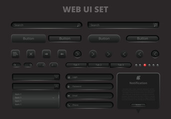 Dark web UI elements. Buttons, switches, bars, power button, slider vector 