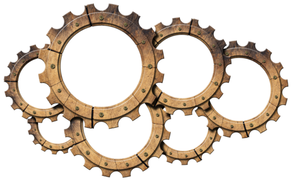 Group of empty wooden gears (cogwheels) isolated on transparent background, 3D illustration and photography, png. - Powered by Adobe