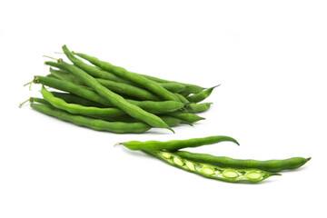 Fresh organic green beans isolated on white background.	