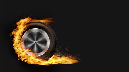 Auto tire in fire burning wheel on background. © jayzynism