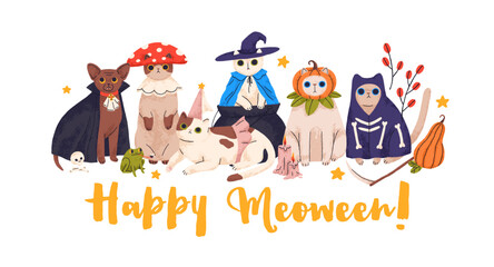 Cute Halloween cats disguised in funny costumes for holiday party. Happy Meoween, pets Helloween card with adorable amusing spooky kitties. Flat vector illustration isolated on white background