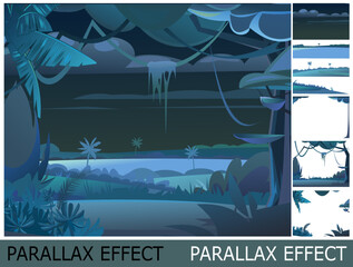 Jungle Dense thickets. View from Tropical Dark night forest panorama. Image from layers for overlay with parallax effect. Southern Rural Scenery. Illustration in cartoon style flat design. Vector.