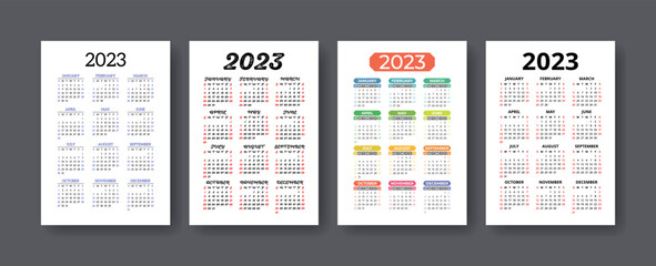 Calendar 2023 year set. Vector vertical template collection. Ready design. January, February, March, April, May, June, July, August, September, October, November, December