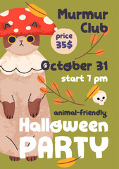 Halloween promotion card, poster design with cute funny cat. Inviting flyer template for pet-friendly party. Vertical banner background for Helloween holiday. Colored flat vector illustration