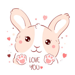 Cute Valentine card in kawaii style. Lovely bunny with pink hearts. Inscription Love you. Can be used for t-shirt print, stickers, greeting card design. Vector illustration EPS8