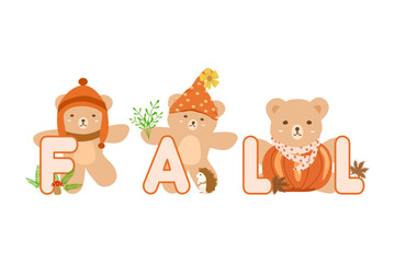 Vector  - Cute teddy bear on autumn dress with word Fall, green leaves, maple, pumpkin porcupine, mushroom.