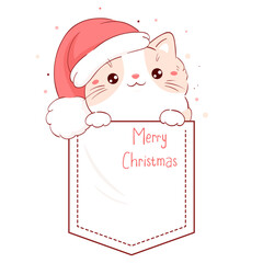 Lovely cat in pocket. Inscription Merry Christmas. Baby print with kitty in pocket. Childish print with funny pet for t-shirt. Cute xmas card with kitten in Santa's hat. Vector illustration EPS8