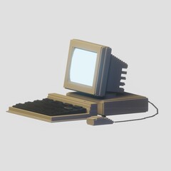 retro computer monitor with mouse and keyboard - 3d render illustration