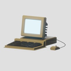 retro computer monitor with mouse and keyboard - 3d render illustration