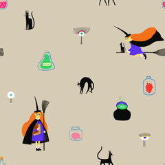 Halloween seamless pattern with cartoon witch