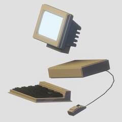 retro computer monitor with mouse and keyboard - 3d render illustration