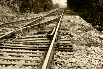Two railway tracks merge together