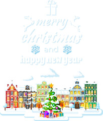 Christmas Card with Urban Landscape and Snowfall.