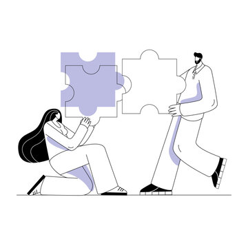 The Characters Connect The Pieces Of The Puzzle. The Concept Of A Vector Illustration On The Theme Of Connecting Parts Into A Single Whole.