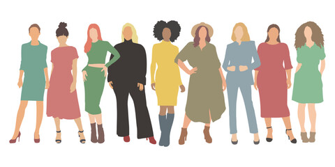 Team of business women silhouettes, beautiful girl models standing figure vectors