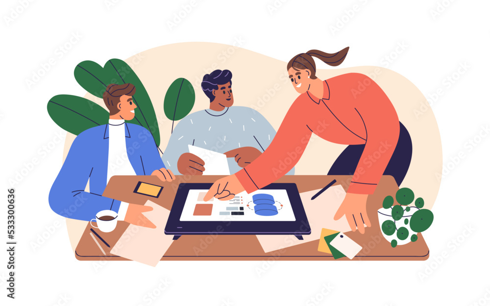 Poster Web designer and clients communication. Presenting, discussing digital project, website at work. Showing site design to customers. Flat graphic vector illustration isolated on white background