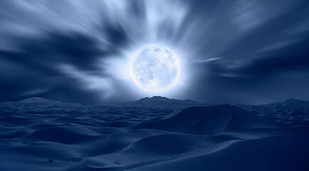 Naklejka na ściany i meble Beautiful sand dunes in the Sahara desert with super blue full moon - Sahara, Morocco 