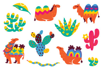 Set of flat cartoon camels and succulents. Vector illustration