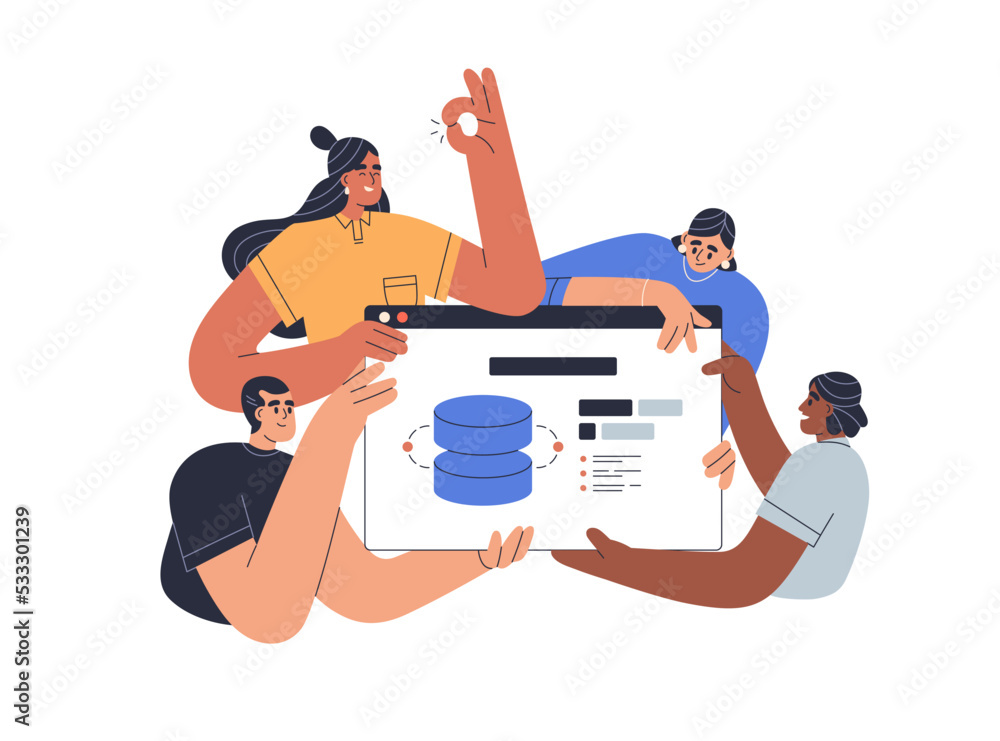 Poster Web project presentation concept. Business team, developers and designers presenting website interface design, digital online product. Flat graphic vector illustration isolated on white background