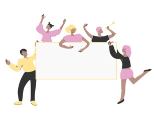 Modern template with people holding banner on white background.