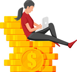 Woman Sit on Golden Coins Stack and Use Laptop.